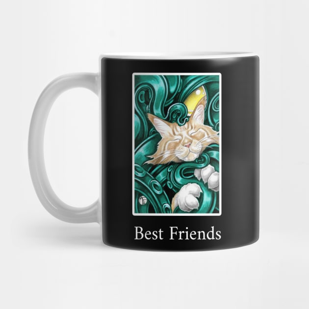 Cthulhu and Ginger Cat Friend - Best Friends - White Outlined Version by Nat Ewert Art